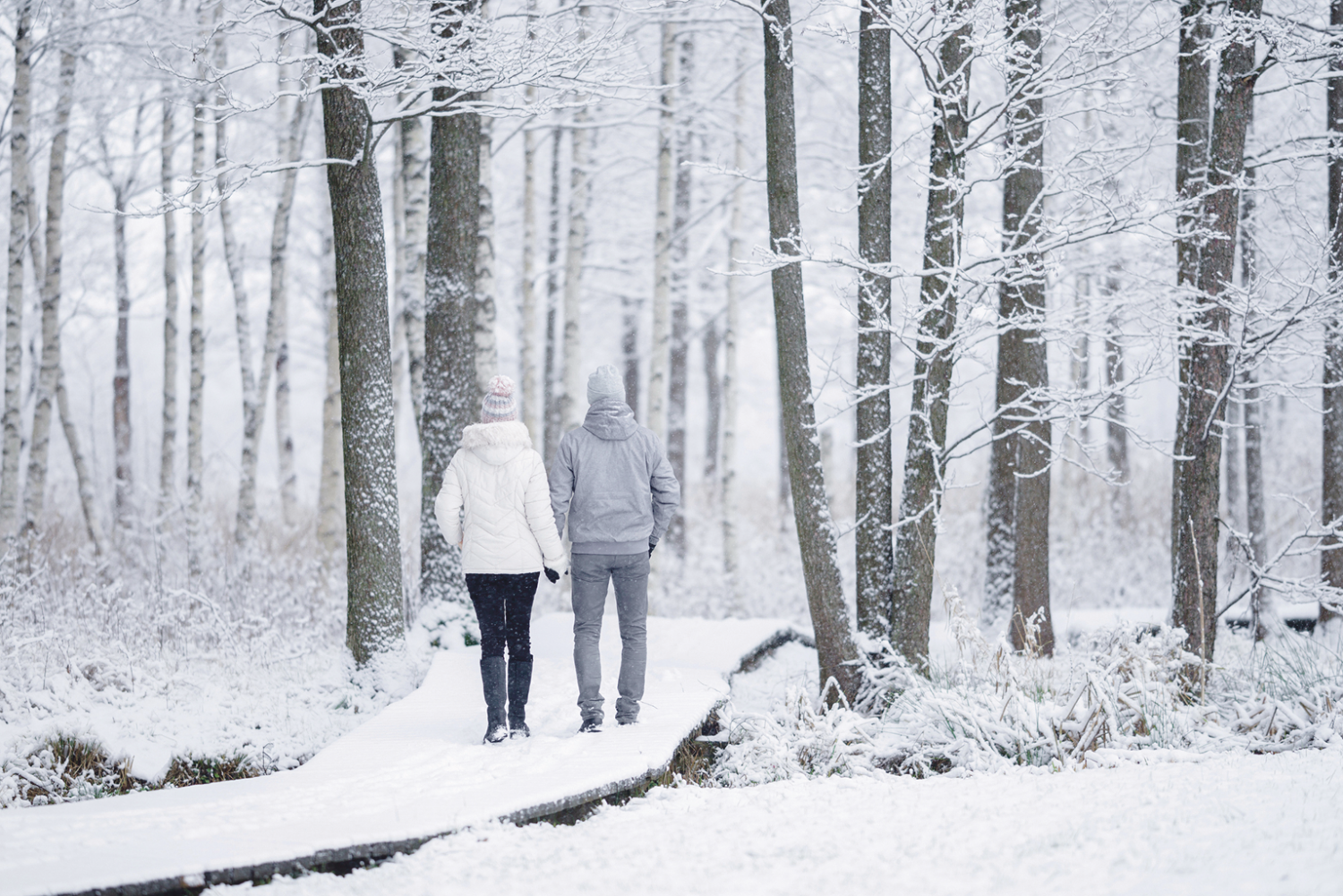 Zwei Spaziergänger in einer Winterlandschaft